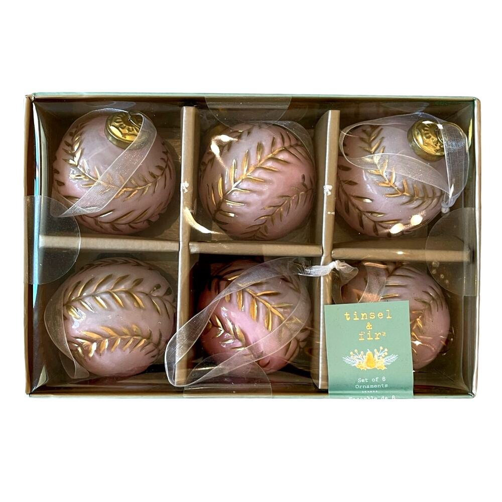 Tinsel & Fir Pink & Gold Glass Christmas Ornaments 3in Set of 6 Holiday Glam New